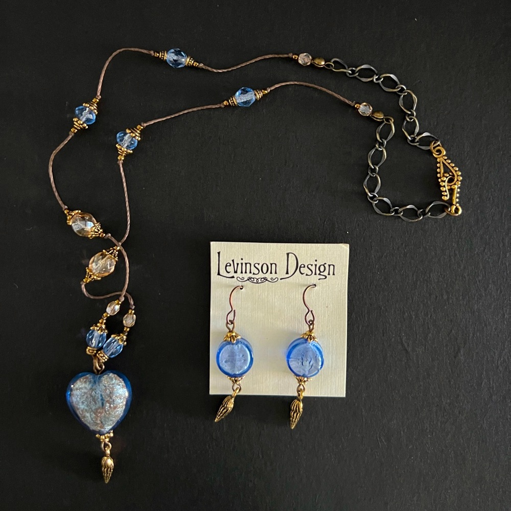 Blue glass gems necklace and earring set